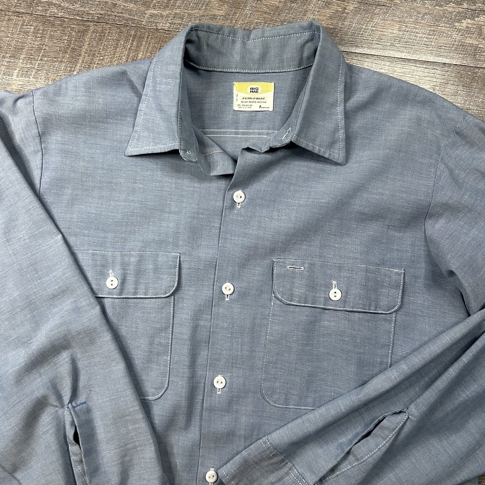 JC Penny VTG 70s Big Mac Penn-Prest Blue Button Up Shirt Long Sleeve Mens L